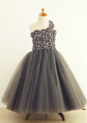 One Shoulder Gray Rosette Tulle Flower Girl Dress